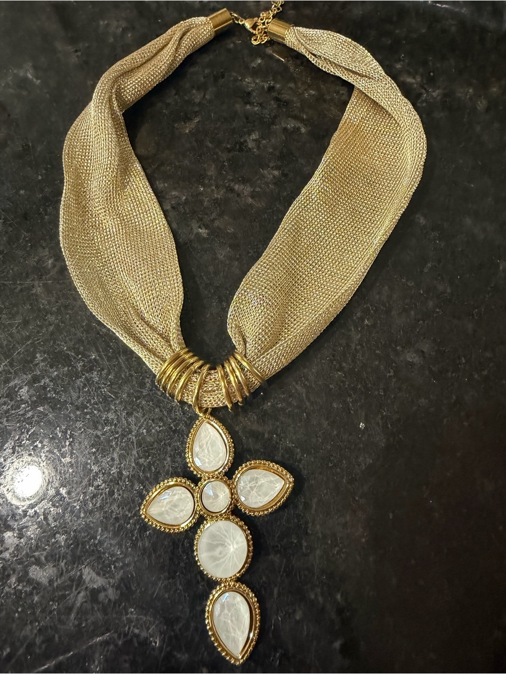 Gold-Tone Statement Cross Necklace with White Gem Accents
